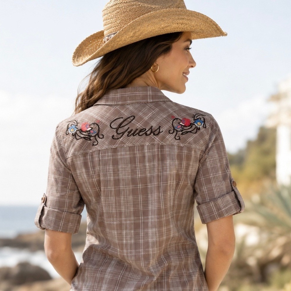 Y2K GUESS Brown Plaid Western Button Down Shirt Embroidered Cowgirl Cotton M